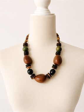 Handmade Brown & Green Wooden & Natural Seed Bead Necklace